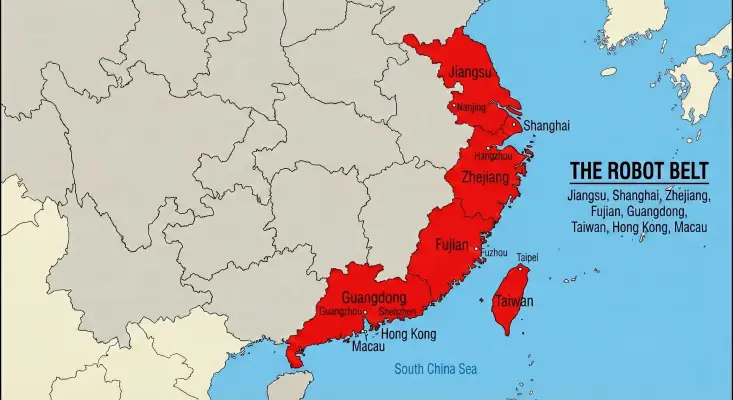 A map of Eastern China highlighting a continuous strip of coastal provinces and territories colored in red, labeled "The Robot Belt," which includes Jiangsu, Shanghai, Zhejiang, Fujian, Guangdong, Taiwan, Hong Kong, and Macau.