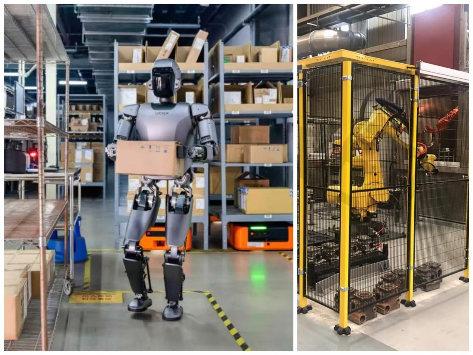 Split screen showing a caged traditional industrial robot versus an agile humanoid robot on a factory floor