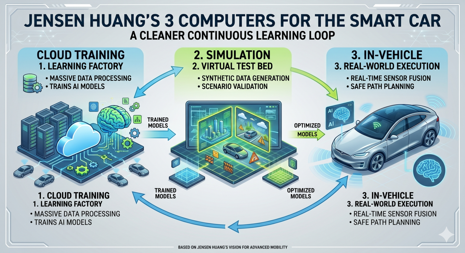 This professional infographic, titled "Jensen Huang’s 3 Computers for the Smart Car - A Cleaner Continuous Learning Loop," illustrates a cyclical AI development architecture through three key stages:

1. Cloud Training (Learning Factory): Depicted with server clusters and a digital brain, this stage focuses on massive data processing and training AI models.

2. Simulation (Virtual Test Bed): Shown as a car within a digital grid, this component handles synthetic data generation and scenario validation.

3. In-Vehicle (Real-World Execution): Represented by a physical car and driver, it manages real-time sensor fusion and safe path planning.

Blue arrows connect these sections in a continuous loop, highlighting the iterative flow of trained and optimised models between the cloud, simulation, and the vehicle.