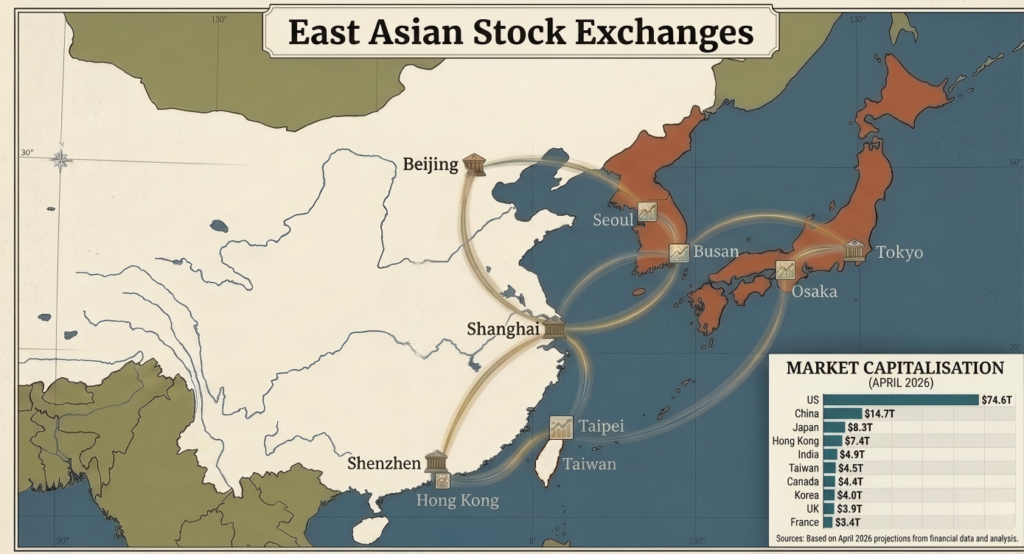 Map showing major East Asian stock exchanges connected to form the shape of a dove, highlighting the region's AI and robotics hubs.