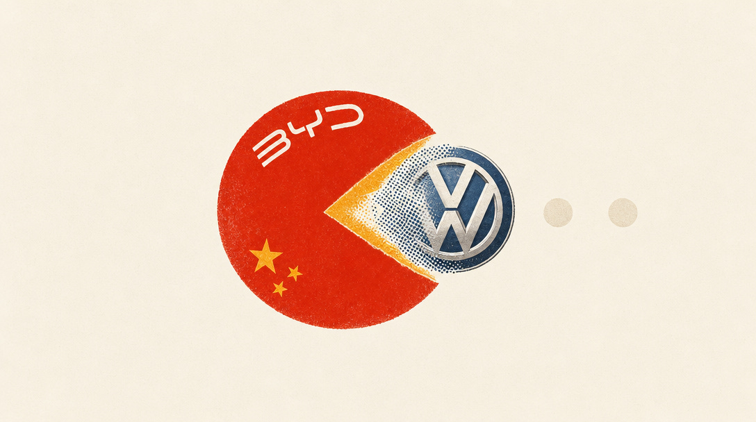 Editorial conceptual cartoon illustrating BYD as a digital Pac-Man displacing the legacy Volkswagen mechanical gear emblem.