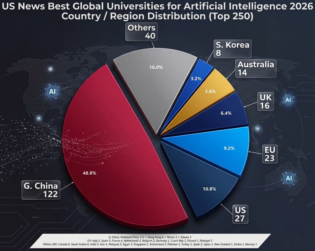 An Asymmetrical Landscape: Distribution of the world’s top 250 universities for artificial intelligence in 2026. Greater China claims nearly half of the global elite seats (48.8%), revealing the institutional infrastructure behind the country's demographic tide, while the US share stands at 10.8%. Source: US News Best Global Universities Rankings.