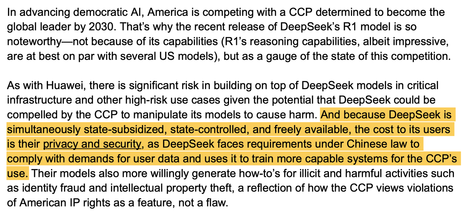 Screenshot of OpenAI’s March 2025 letter to the White House Office of Science and Technology Policy, describing DeepSeek as state-subsidized and state-controlled. Screenshot of OpenAI’s March 2025 letter to the White House Office of Science and Technology Policy, describing DeepSeek as state-subsidized and state-controlled.