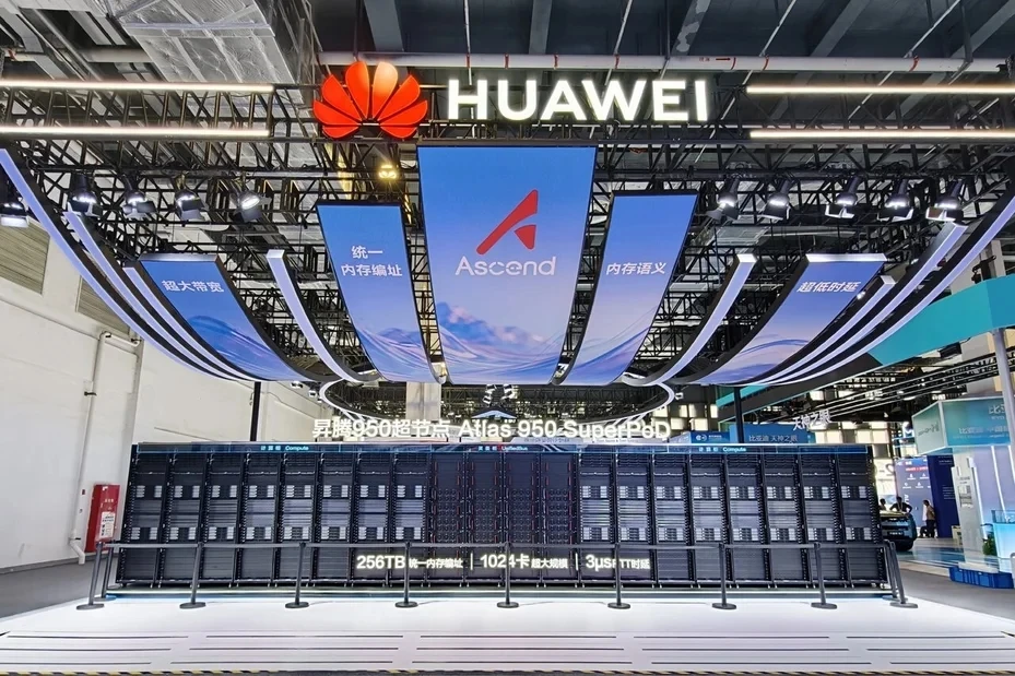 Huawei Atlas 950 SuperPoD AI compute cluster displayed at the World Artificial Intelligence Conference in Shanghai, rows of black server cabinets in an exhibition hall. Huawei Atlas 950 SuperPoD AI compute cluster displayed at the World Artificial Intelligence Conference in Shanghai, rows of black server cabinets in an exhibition hall.