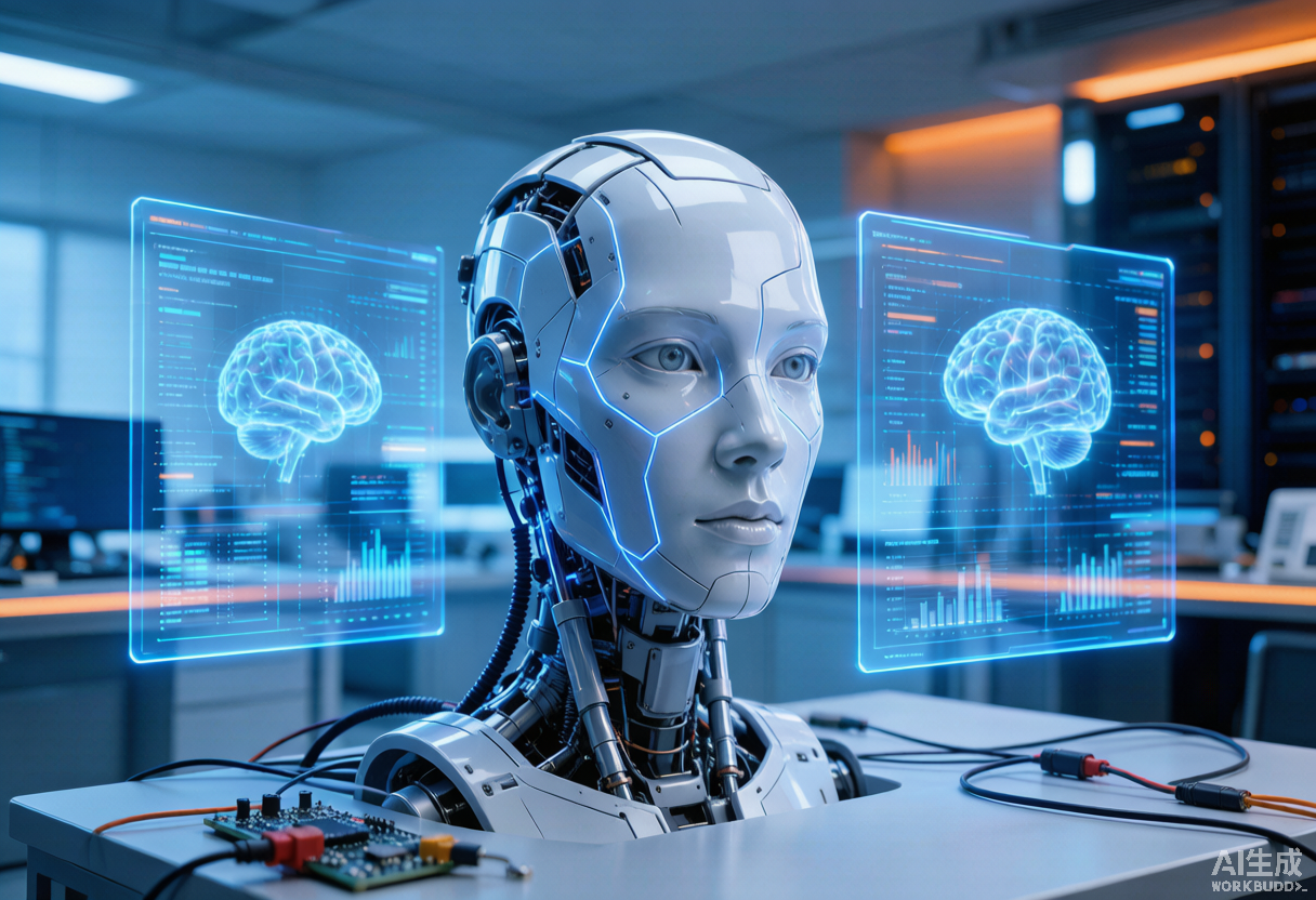 Humanoid robot head with holographic brain interfaces representing embodied AI foundation models