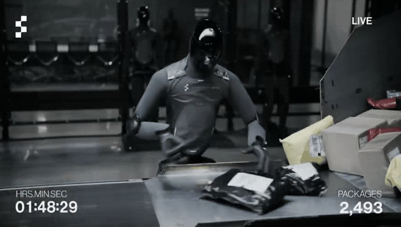 Figure 03 humanoid robot sorting packages on a conveyor belt during a 200-hour logistics test