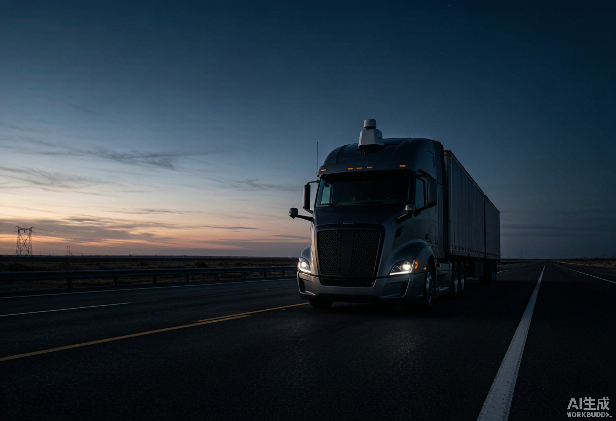 Autonomous heavy-duty truck on a highway at dusk