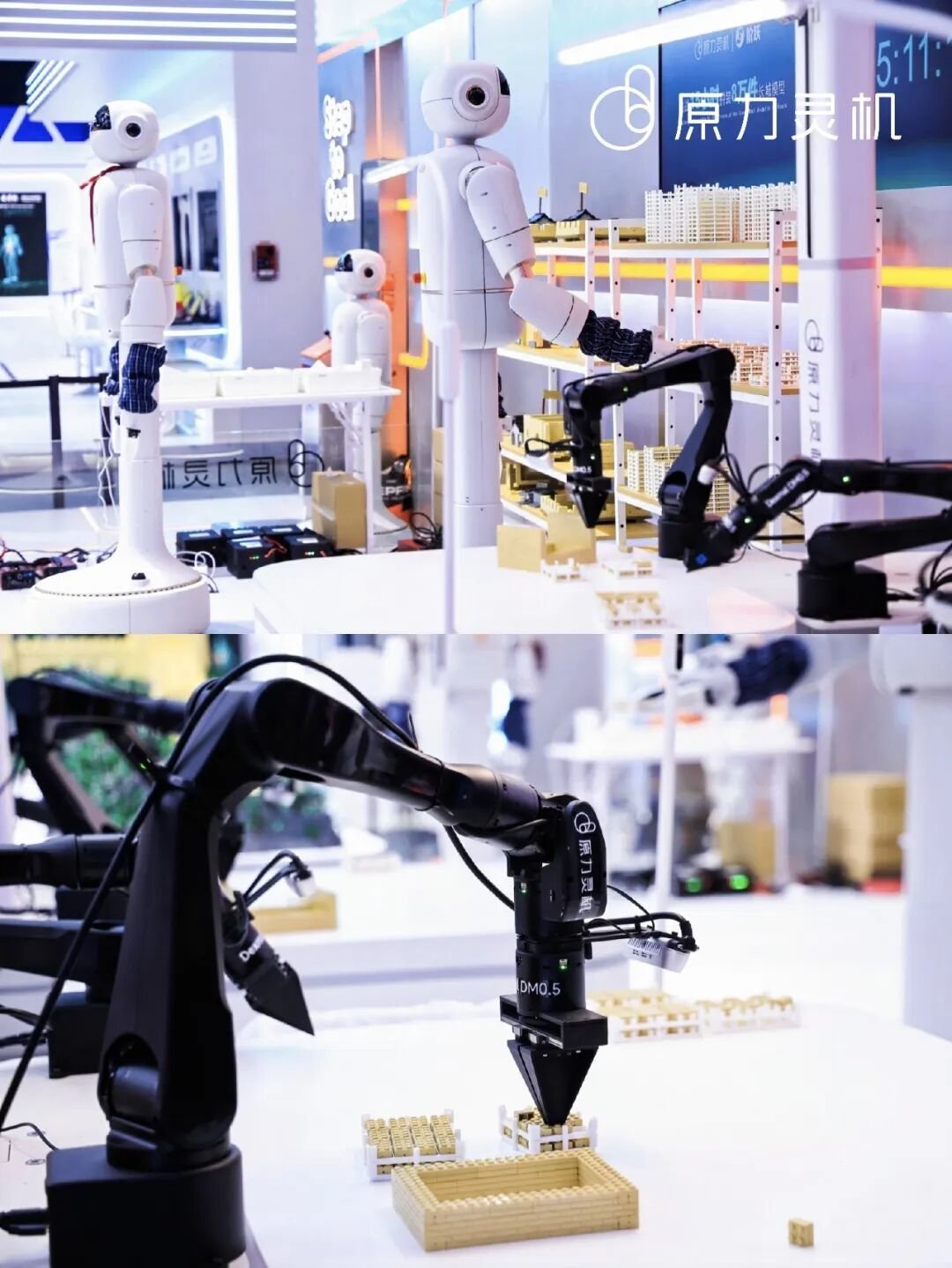 Force Machina's desktop robotic arms with DM0.5 world model assembling micro blocks at sub-millimetre precision
