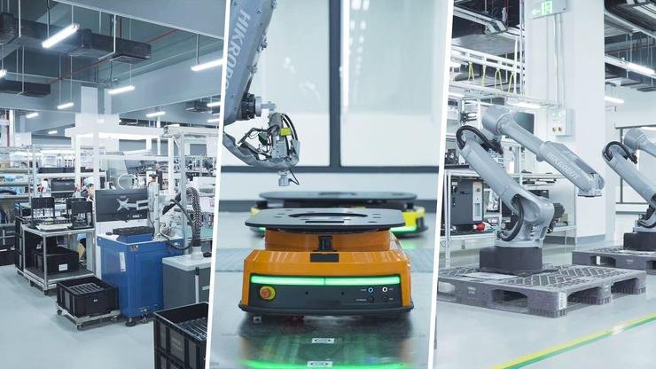 Hikrobot mobile robots moving materials on a factory floor
