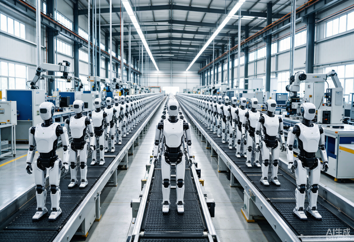 Robot mass production line with humanoid robots being assembled on a conveyor belt