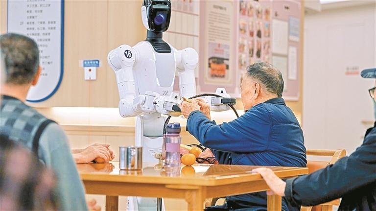Autonomous service robot assisting an elderly resident in a Shenzhen nursing home