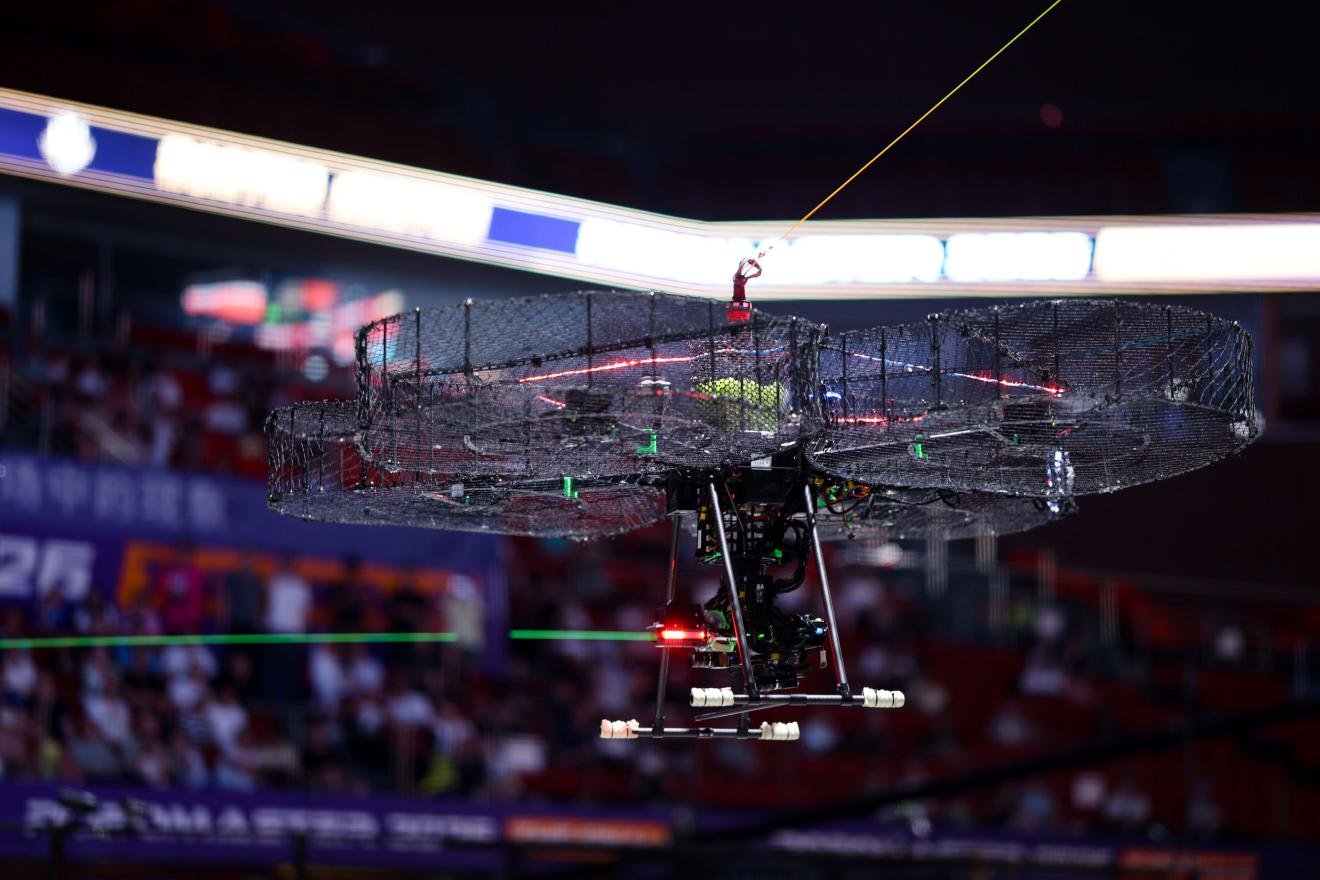 Hero robot taking a long-range shot during the RoboMaster 2026 national finals