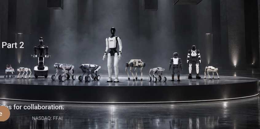 Faraday Future robots on stage beneath a NASDAQ FFAI banner