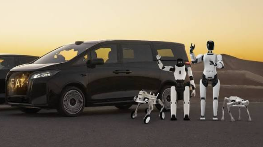 Faraday Future FFAI minivan with humanoid robots and quadruped robot dogs at sunset