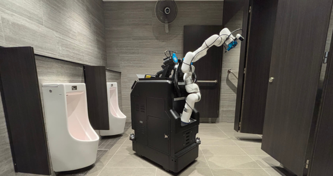 Hivebotics Abluo restroom-cleaning robot with articulated arm