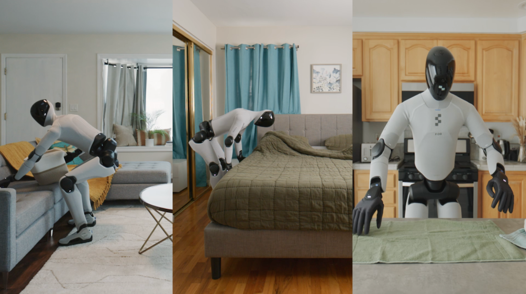 Figure Helix 2.5 humanoid robot tidying an unfamiliar living room during a zero-shot home test