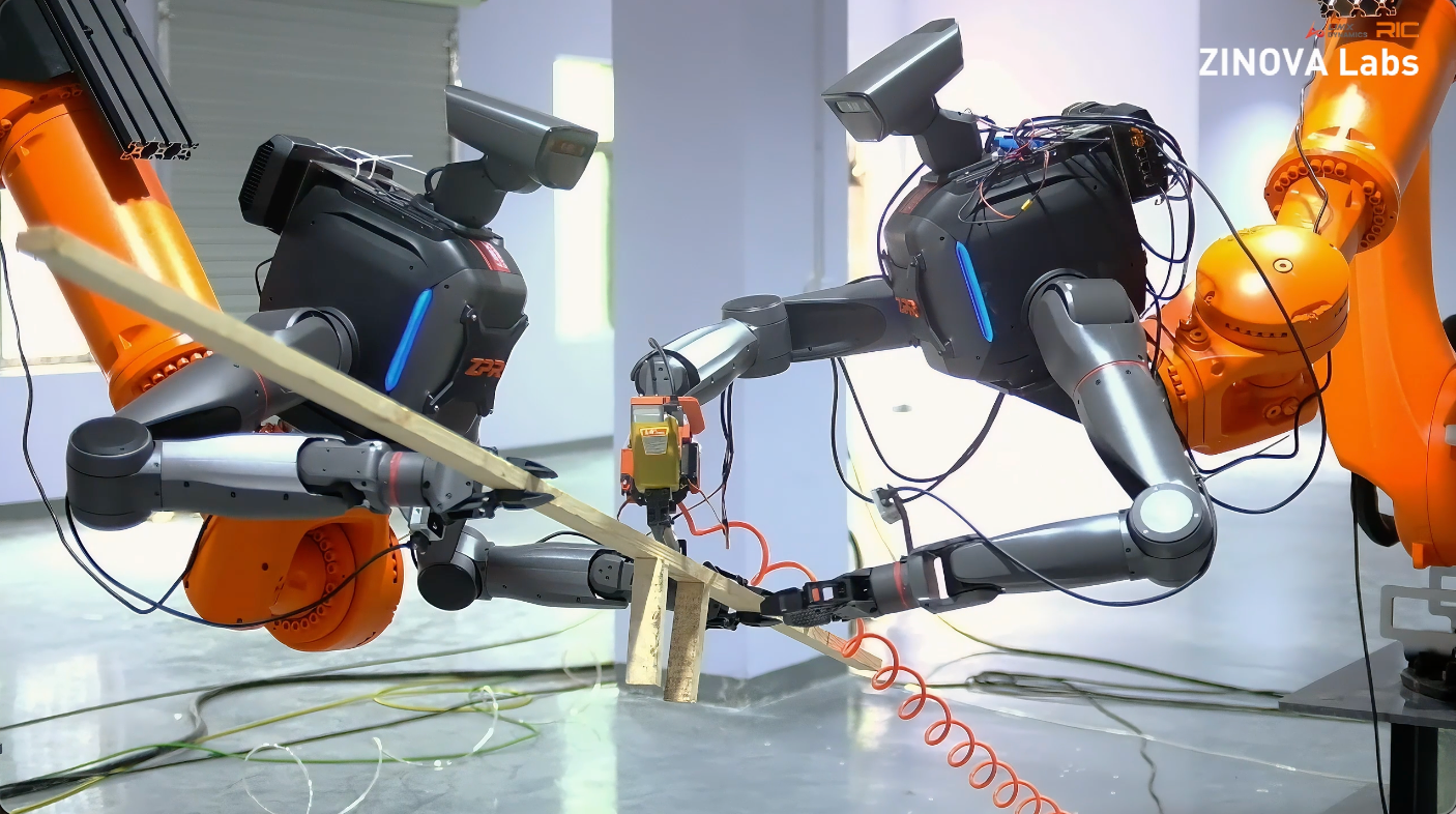 TRON 2 dual-arm robot smoothing cement on a construction site
