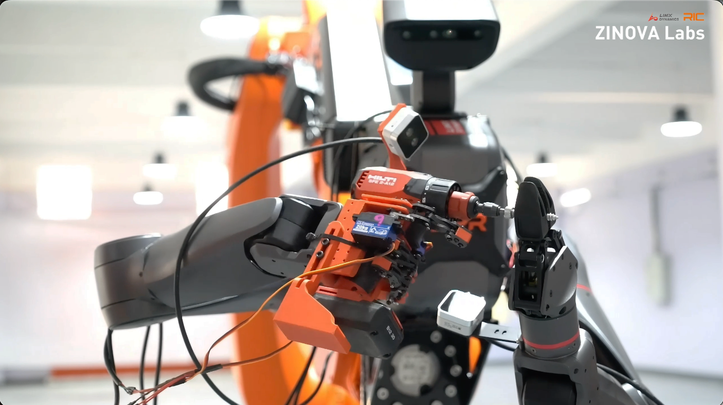 TRON 2 dual-arm robot holding a nail gun during rebar tying
