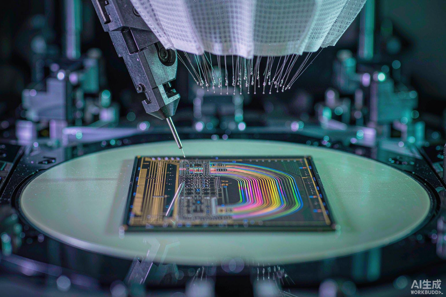 A photonic integrated circuit die on a wafer under inspection light in a cleanroom