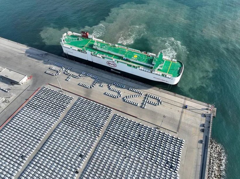 Chinese new energy vehicles at an export terminal awaiting shipment