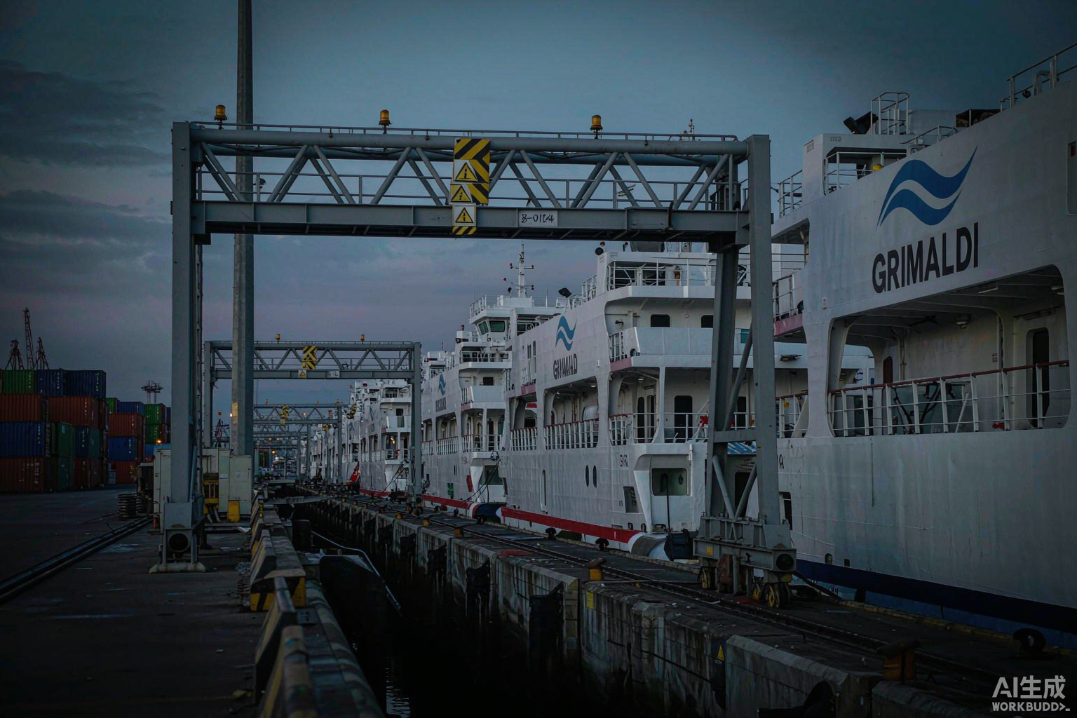 European port terminal with car carriers and customs inspection gantry at dusk
