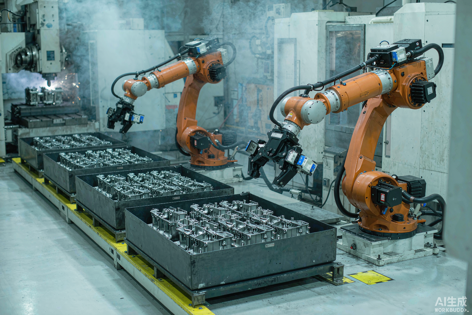 Industrial robotic arms working along an automated machine tool production line