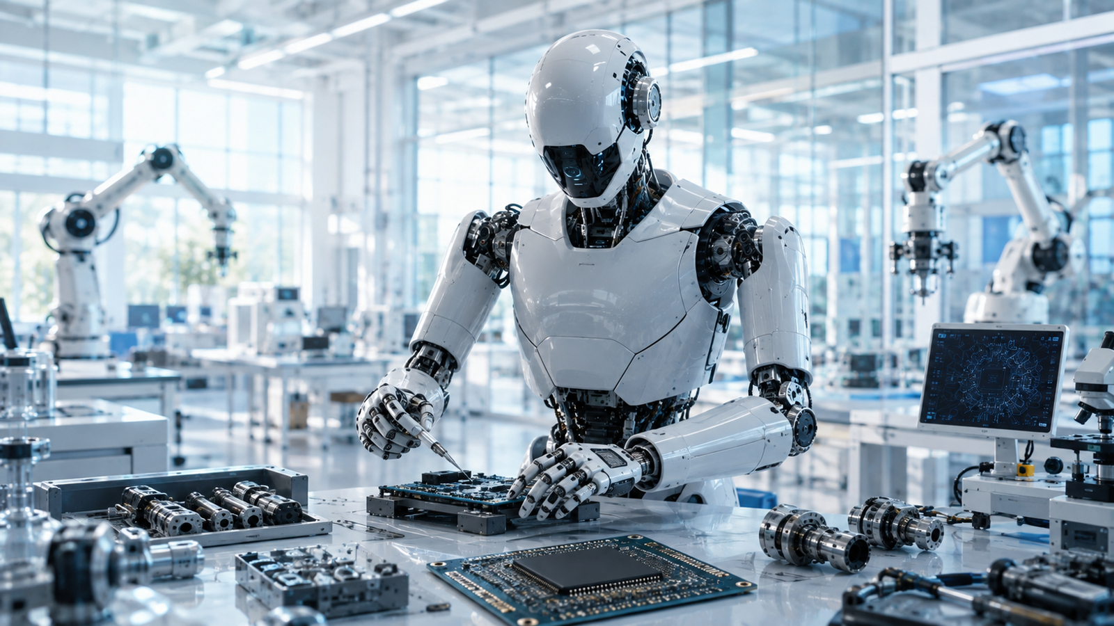 Humanoid robot working with precision components in a laboratory