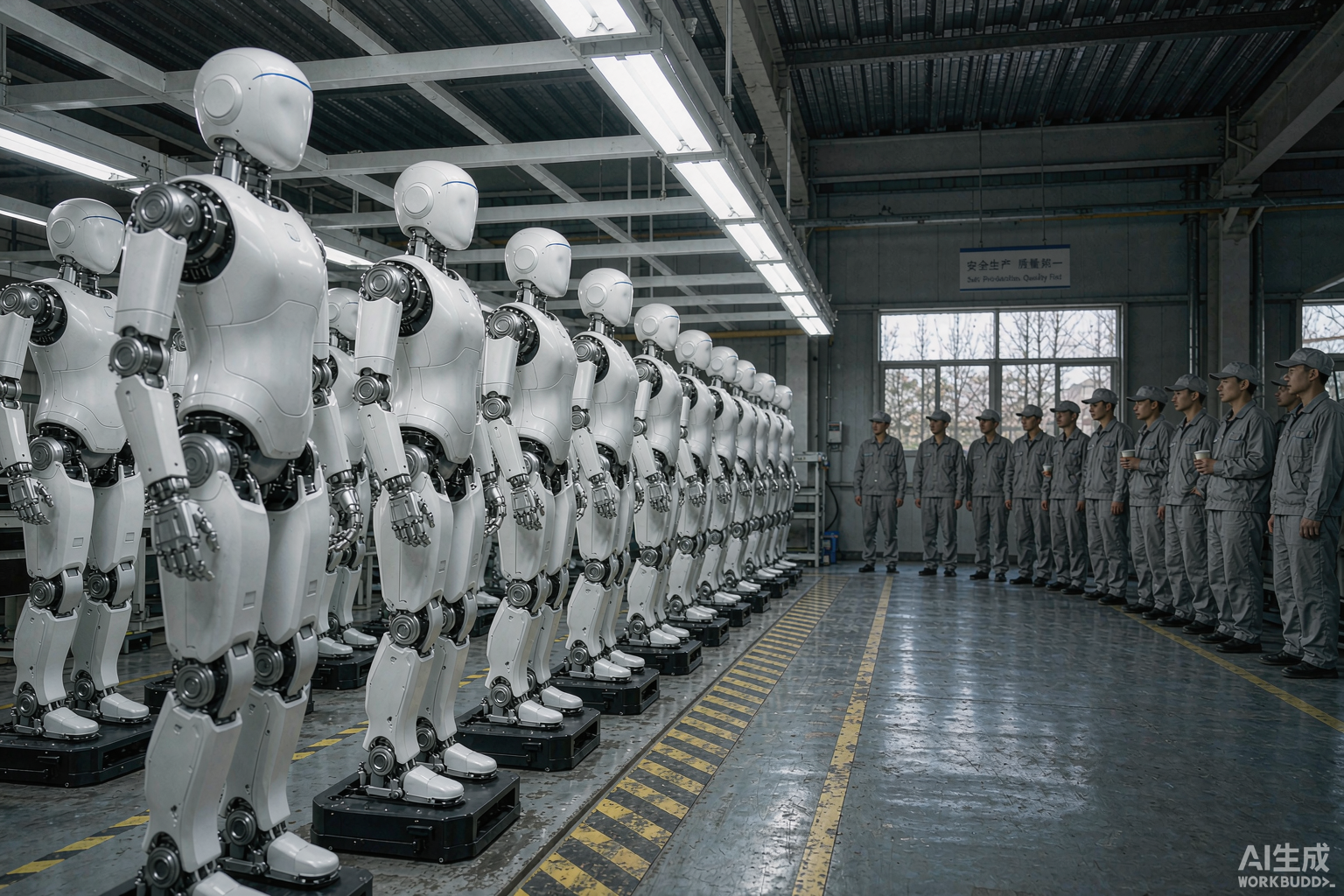 Row of white humanoid robots standing on a factory assembly line