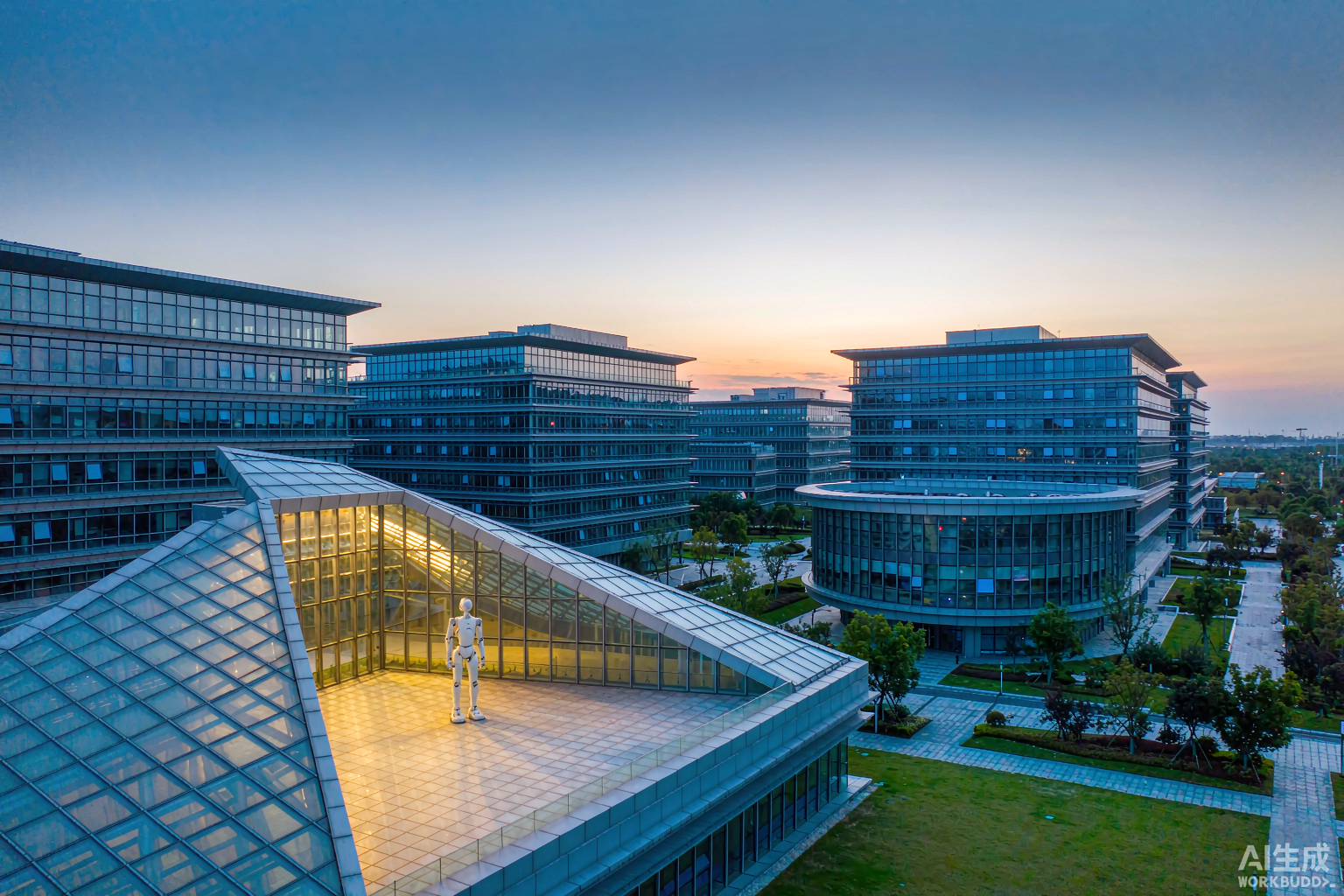 A white humanoid robot standing inside the glass atrium of a newly built robotics industrial park at dawn