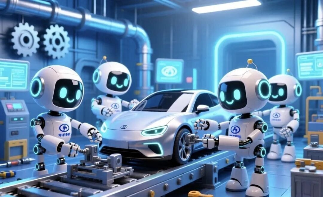 Industrial robot arms working on a Chinese factory production line