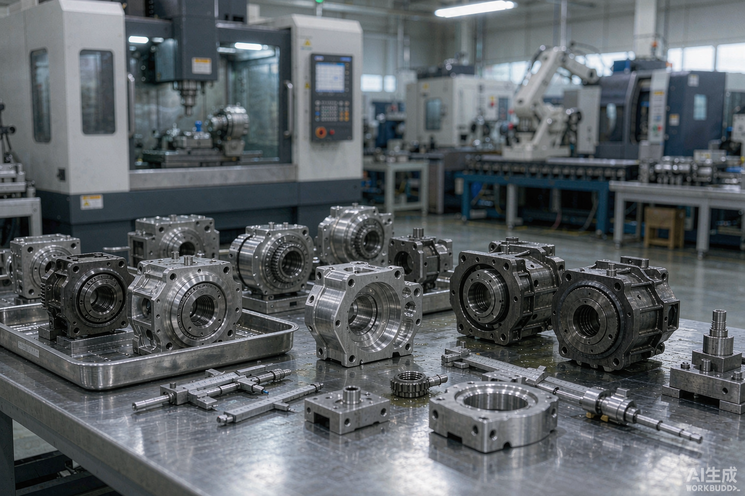 Precision machined metal components for humanoid robot joints on a factory workbench