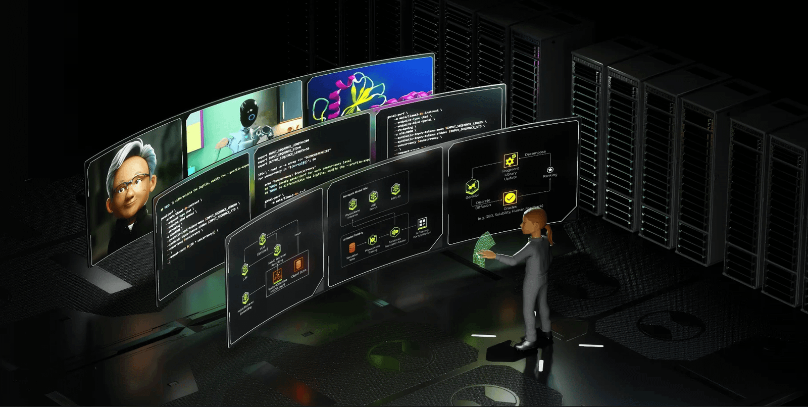 Illustration of a dark data-centre hall with floating interface panels and a figure working at a console