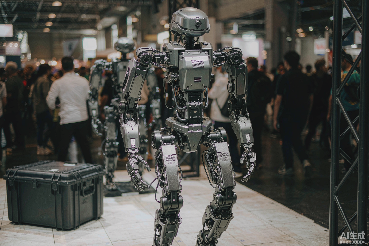 A full-size humanoid robot standing on a trade show floor