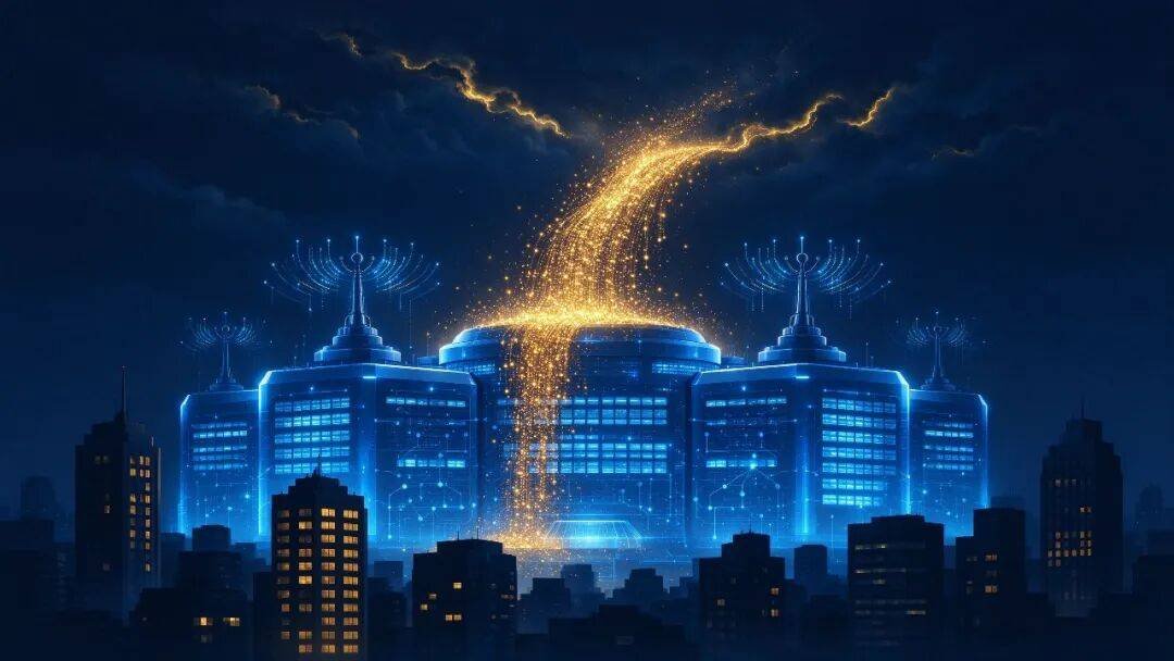 Illustration of a night cityscape with data centres glowing and a stream of figures rising above them