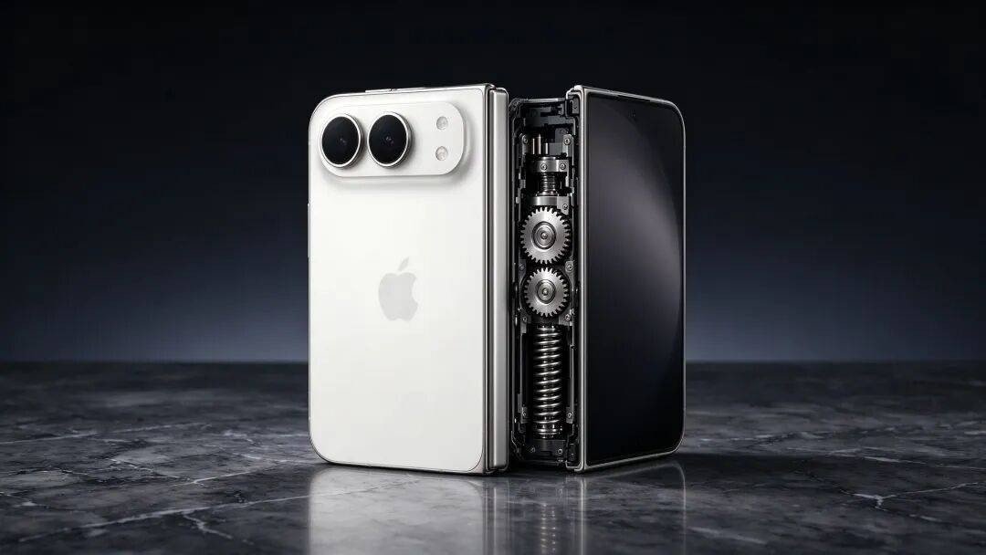 Teardown view of the iPhone Duo foldable hinge with exposed gear mechanism