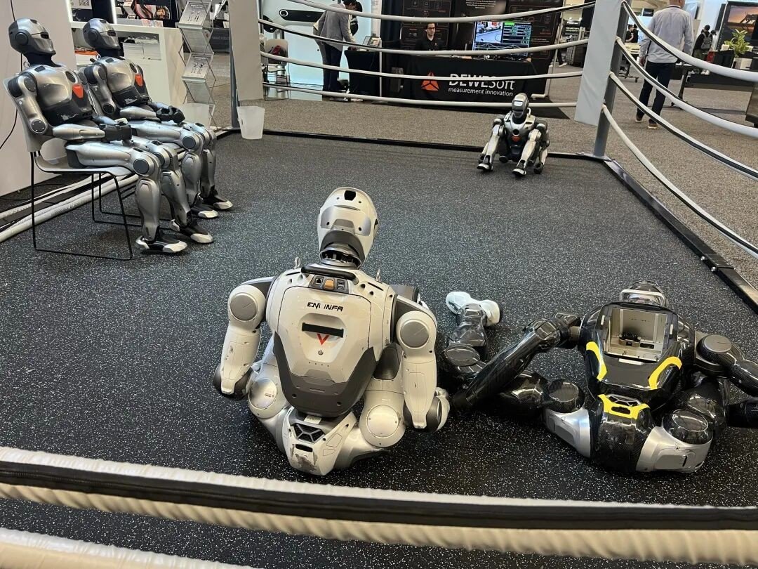 Humanoid robots on display in an exhibition arena with visitors watching