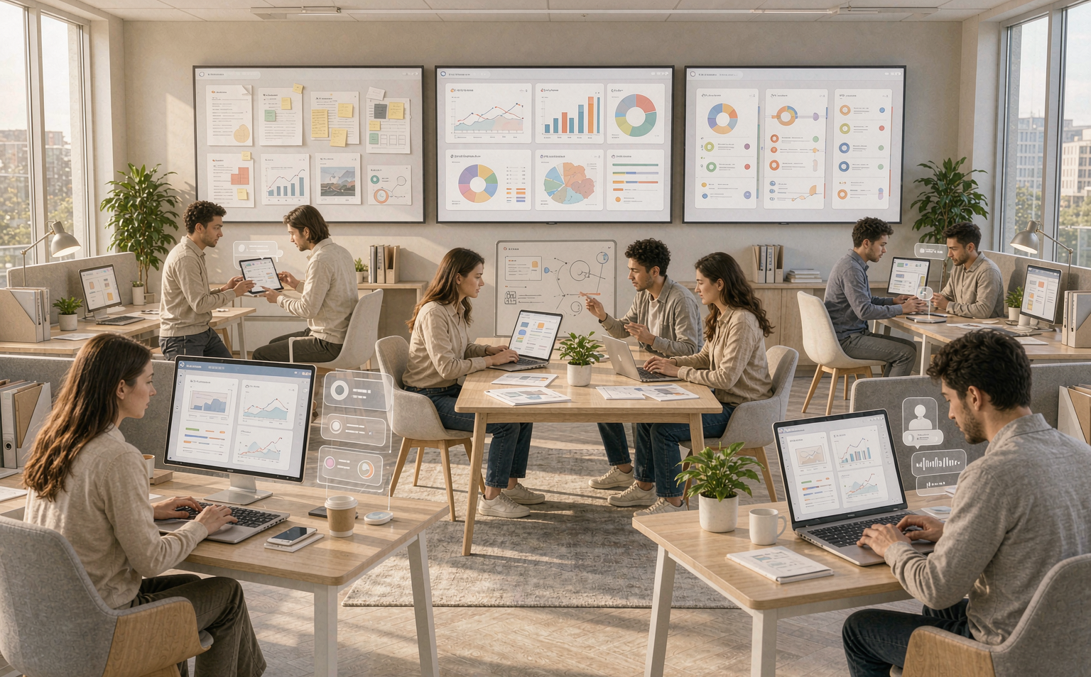 Office workers collaborating with AI assistants on laptops and wall-mounted dashboards