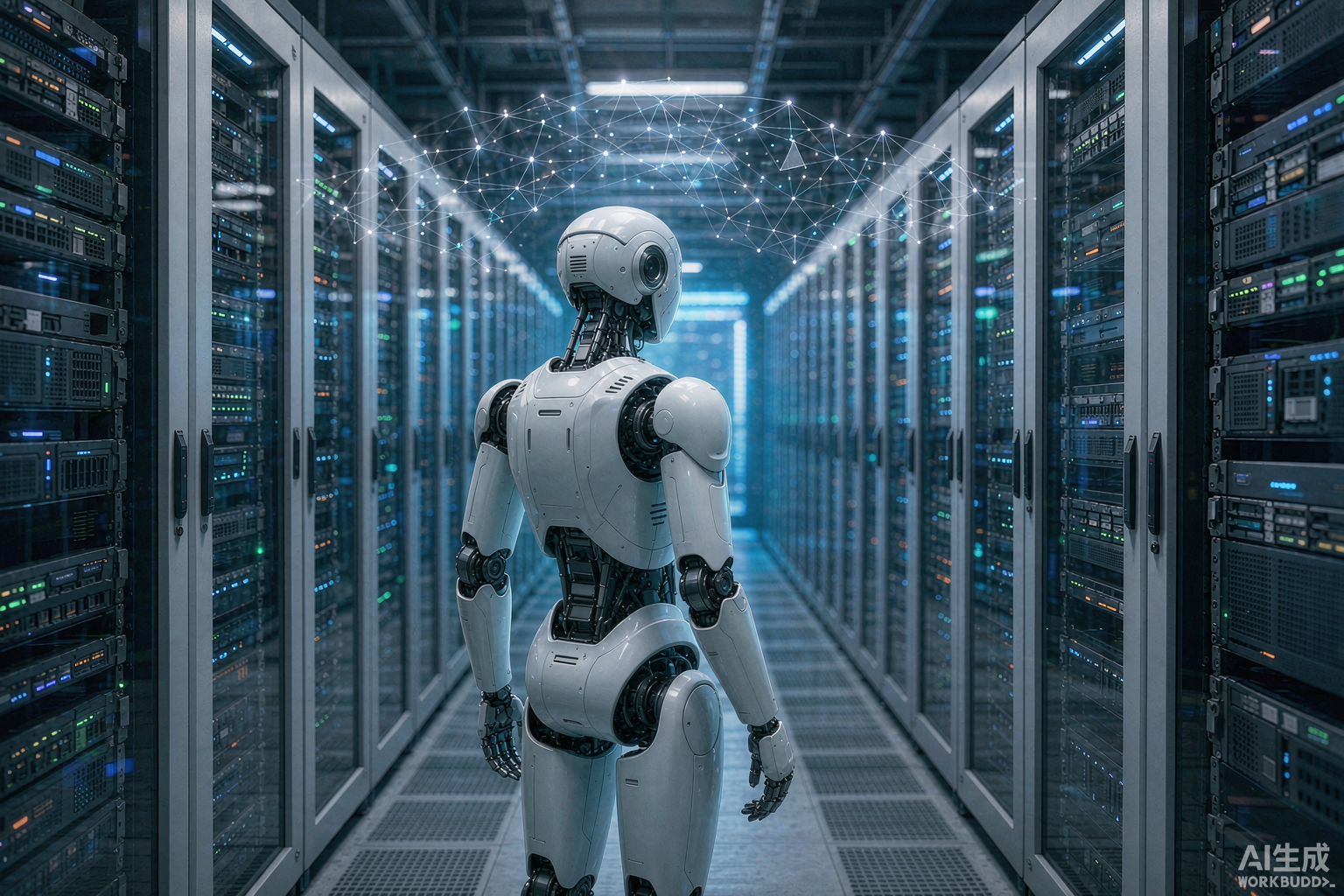 Humanoid robot standing in an aisle of telecom data centre racks