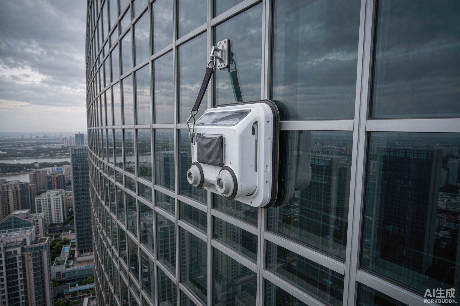 Window cleaning robot attached to the glass facade of a high-rise tower
