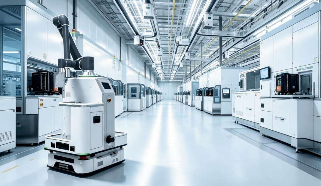 Mobile manipulator robot working between semiconductor process tools in a cleanroom
