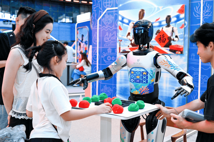 AgiBot robots performing in a choreographed show at the Chimelong park