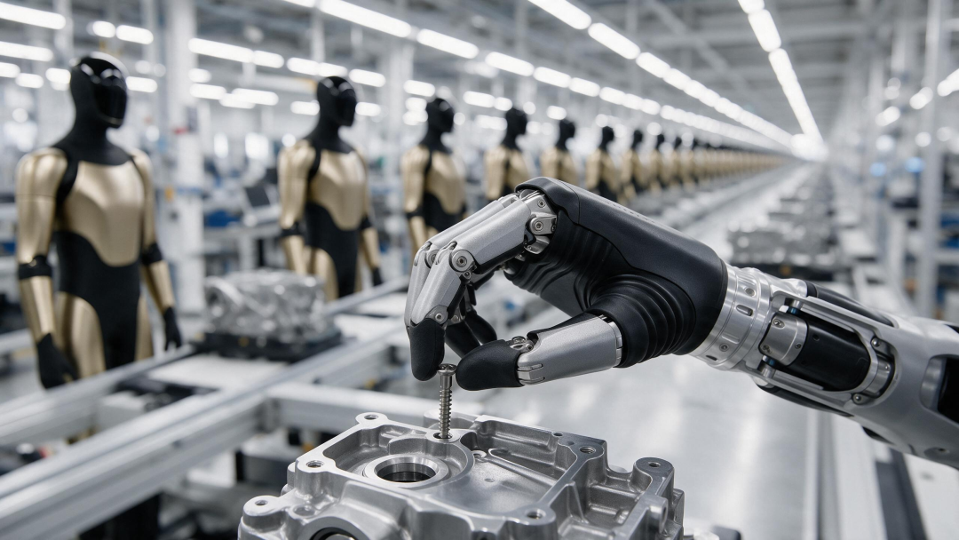 A close view of the Optimus Gen3 dexterous hand and forearm assembly