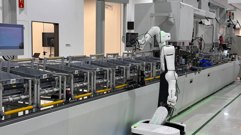 Six humanoid robots working on Schaeffler's joint-module assembly line in Taicang
